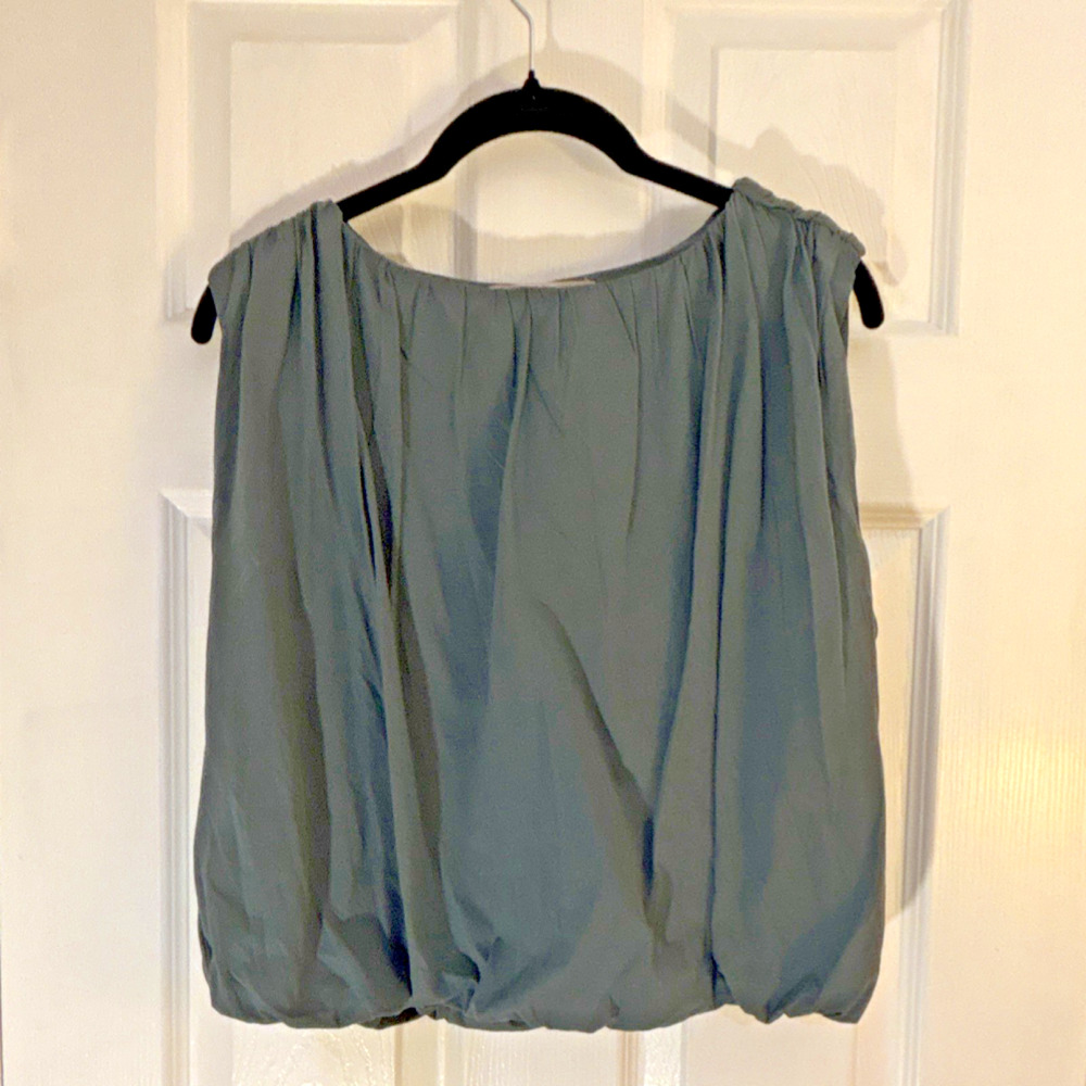 LOFT Dark Green Gathered Sleeveless Blouse Pullover Round Neck Women Size S